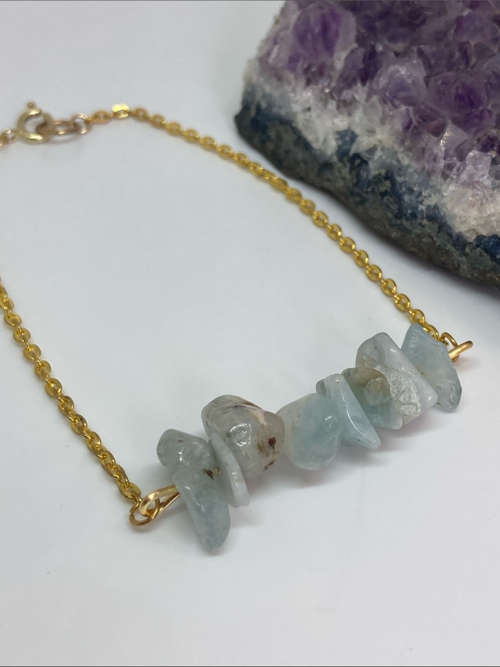 Gold Chain Aquamarine Chip Bar Anklet - Unbranded